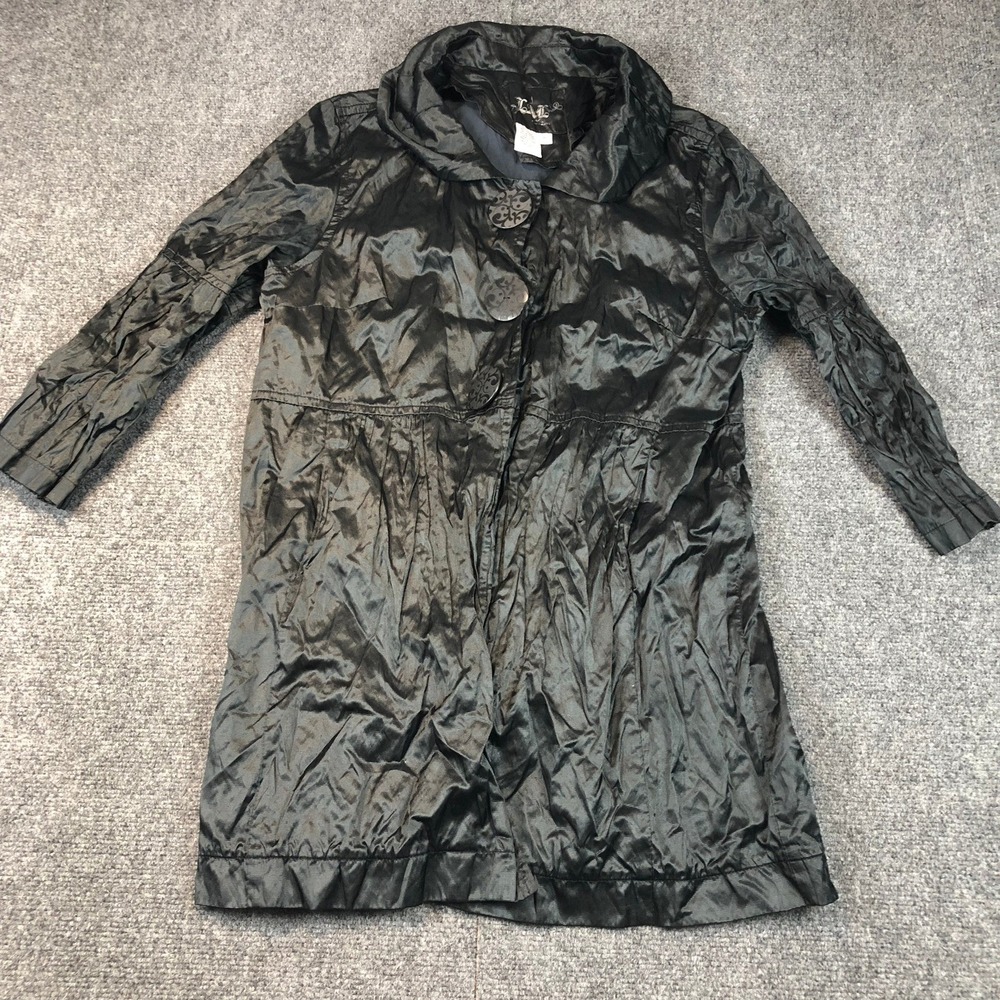 Live A Little XL Black Metallic Crinkle Long‎ Sleeve Button Front Jacket Coat